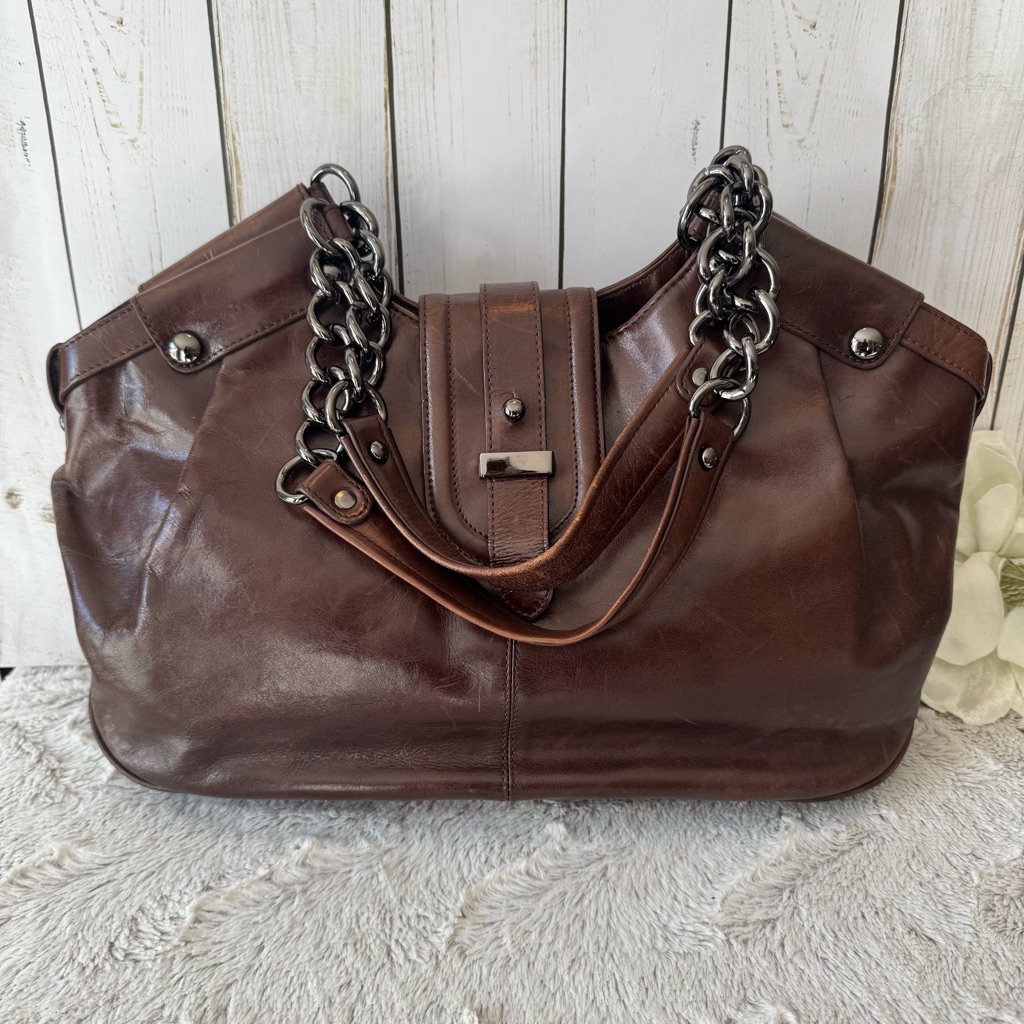 Kenneth Cole Elegant Brown Leather Tote Shoulder Bag With Chain Accent